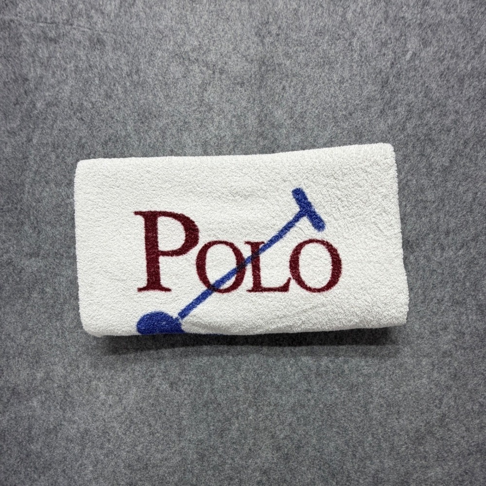 Vintage Ralph Lauren Home Beach Towel White Blue Polo Player Logo Cotton USA